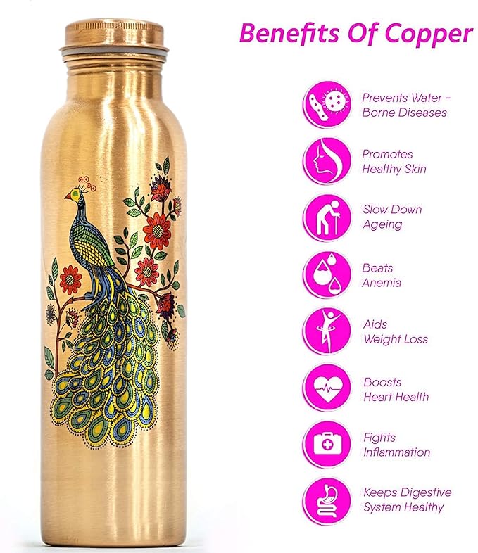 Peacock Copper Bottle | 1 Litre | Plain | Improves Digestion